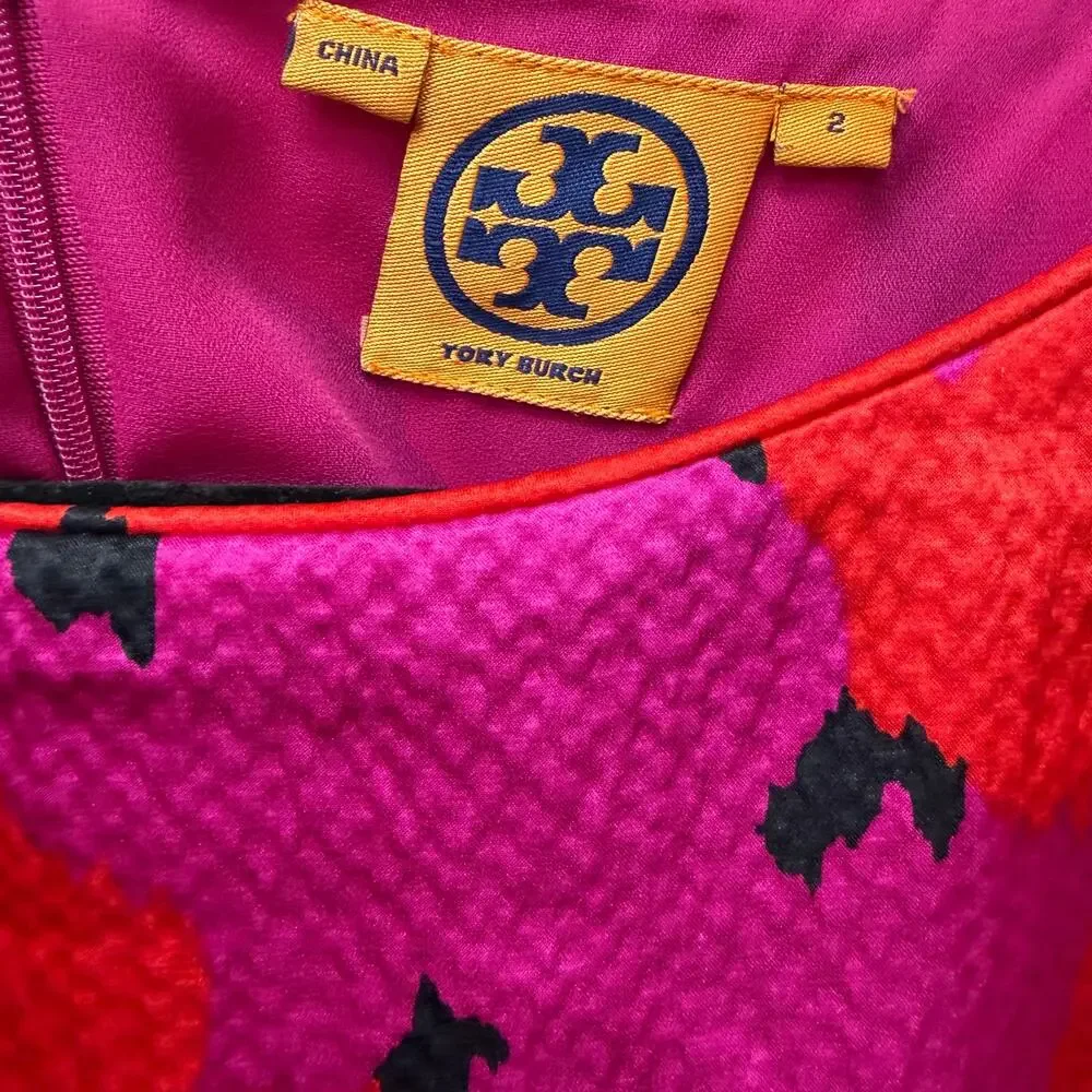 Tory Burch Pure Silk Pink Red Black Belted Tie Waist Mini Dress Size 2 Preppy